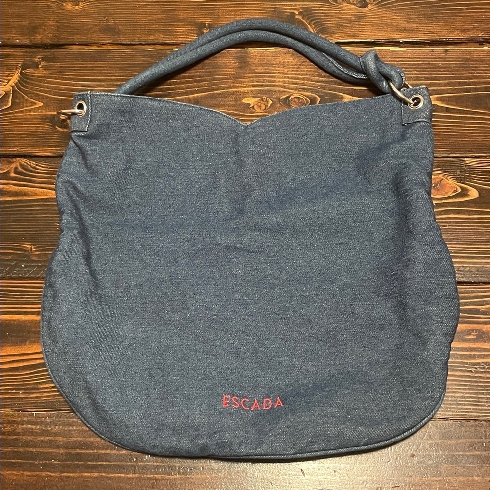 Escada Ibiza Hippie Denim Blue Hobo Red Nylon Lined Scalloped Bag Vintage
